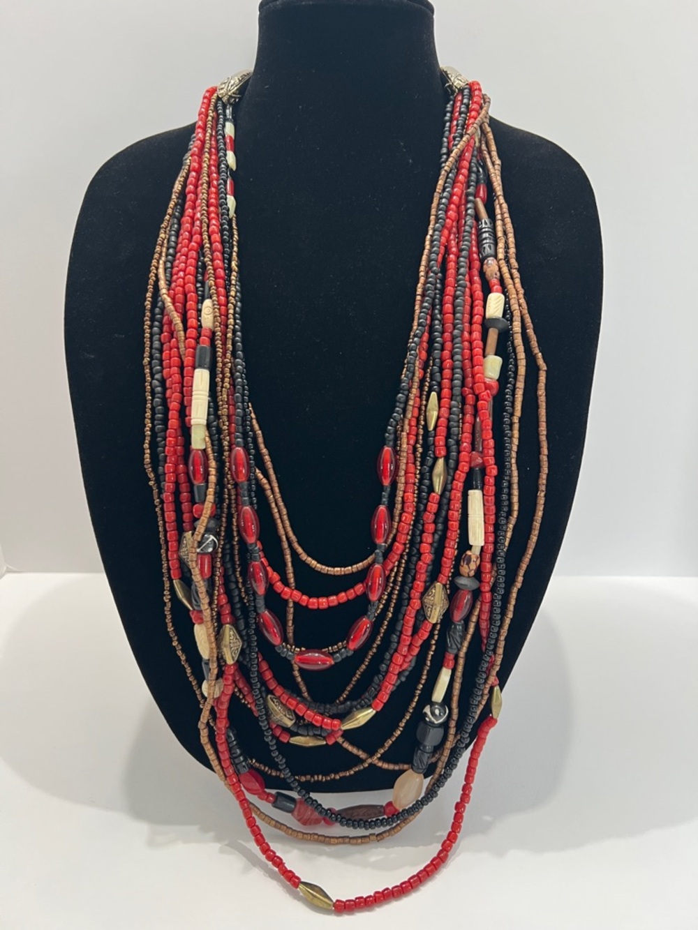 CHICO’s unique 15 Multi-Strand red wood Beaded metallic tone statement necklace